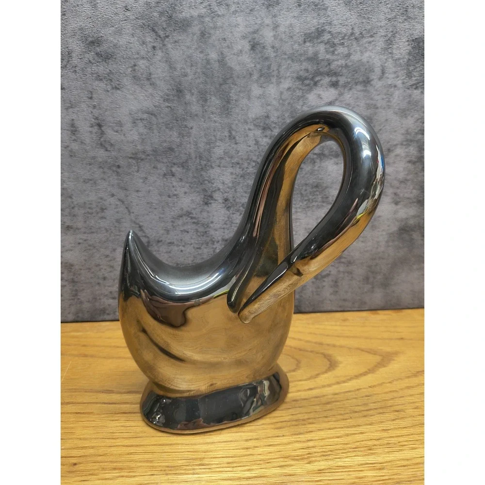 Vintage RETRO 1950 Plaster Chalkware SWAN GOOSE FIGURINE Platinum Silver Glaze +
